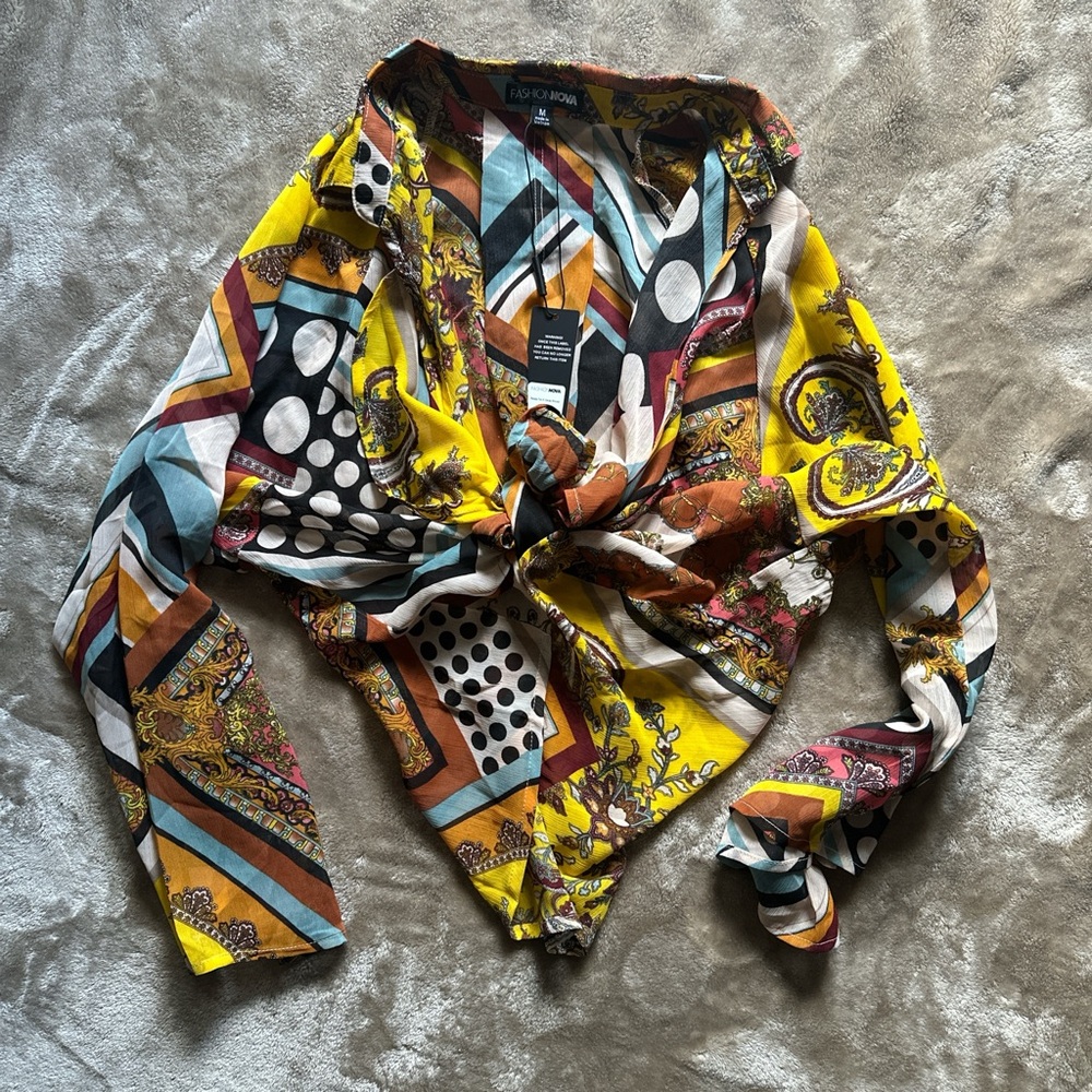Sheer multicolored blouse with tie front